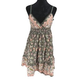 Vtg 90s Y2K Nolita Babydoll Floral Mini Dress Small Green Fairy Ruffle Smocked